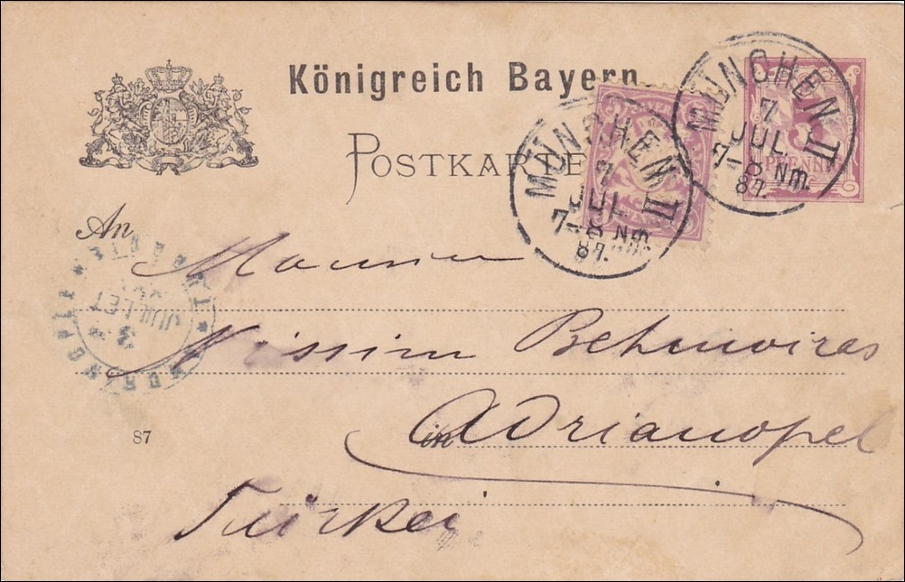 Bayern: 1887, Ganzsache mit Wz von München in die Türkei · PhilArena