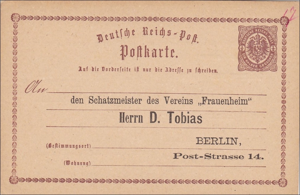 Ganzsachepostkarte Mit Adresse Eingedruckt Berlin Verein Frauenheim